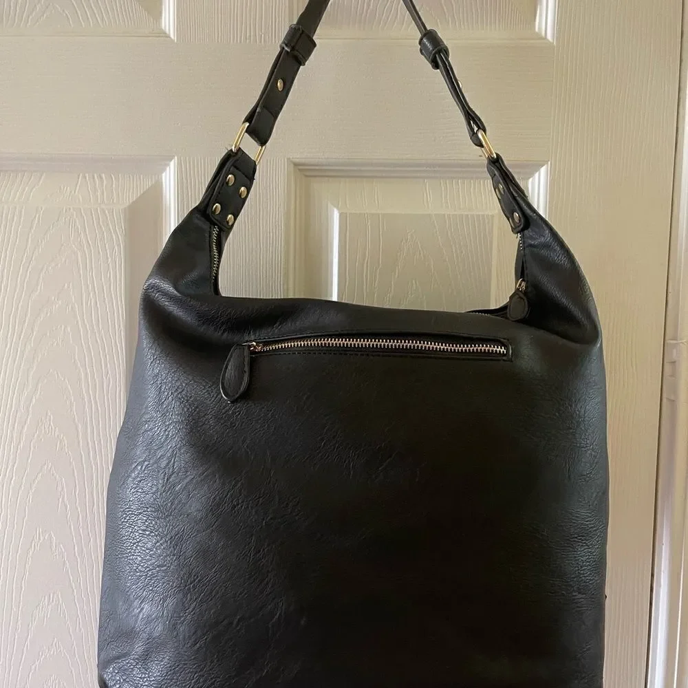 Madison West black faux leather basket weave large hobo bag gold tone hardwares
